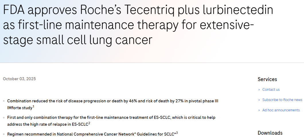罗氏联合疗法获FDA批准：阿替利珠单抗与芦比替定突破ES-SCLC维持治疗领域