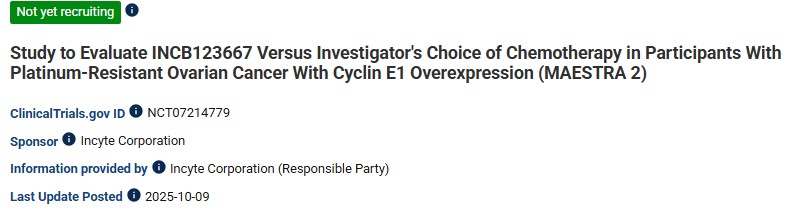Incyte启动CDK2抑制剂INCB123667首个III期试验 聚焦铂耐药卵巢癌治疗
