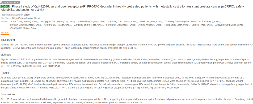齐鲁制药PROTAC创新药QLH12016临床数据亮相ESMO 2025大会