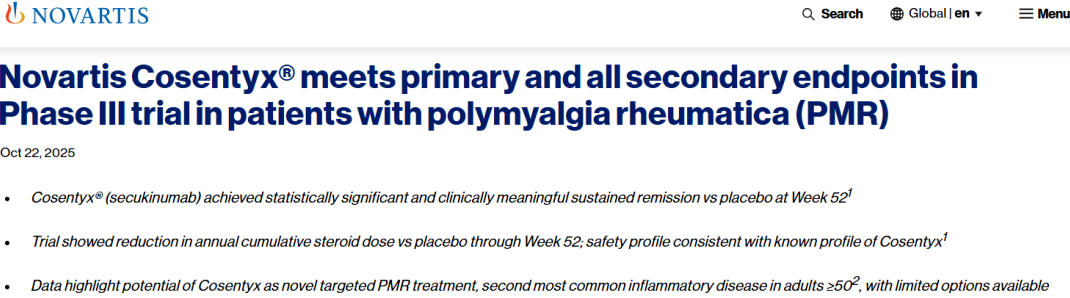 诺华司库奇尤单抗III期REPLENISH研究成功，显著改善风湿性多肌痛患者缓解率