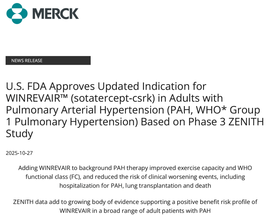默沙东Sotatercept（Winrevair）再获FDA批准：新适应症拓展至重度肺动脉高压患者
