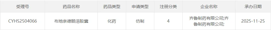 齐鲁制药布地奈德肠溶胶囊上市申请获CDE受理